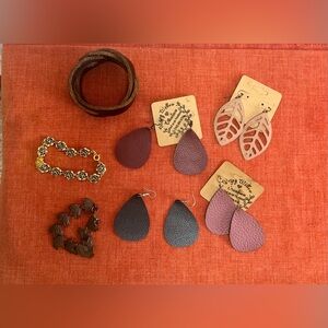 Leather Teardrop Earrings Set, Vintage Copper Leaf Bracelet, Leather Bracelet